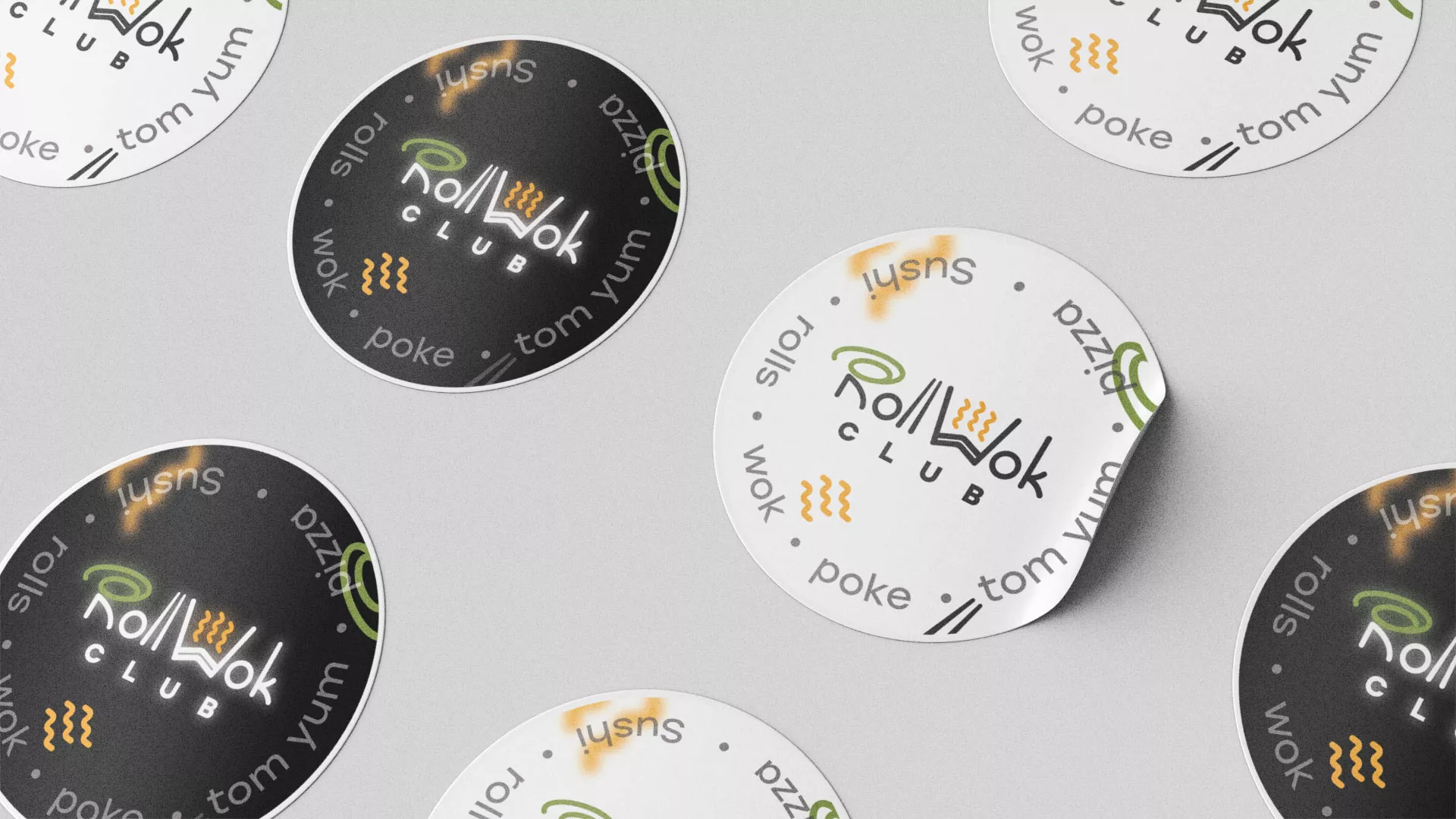 Разработка дизайна наклеек для суши-бара «Roll Wok Club» в Семилуках